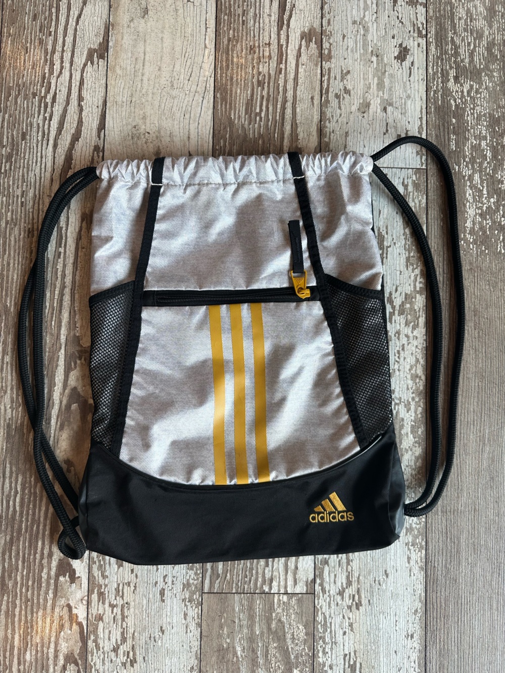 Adidas Silver, Black, and Yellow Drawstring Backpack